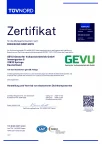 DIN EN ISO 9001:2015 Zertifikat der GEVU GmbH, gültig vom 04.01.2025 bis 03.01.2028
