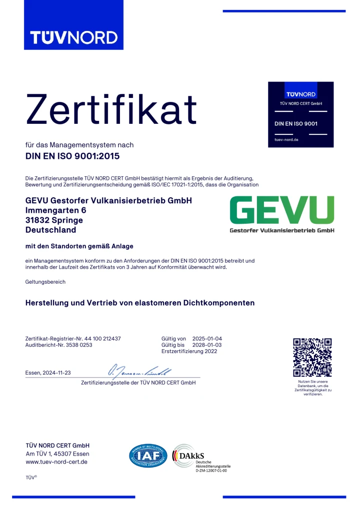 DIN EN ISO 9001:2015 Zertifikat der GEVU GmbH, gültig vom 04.01.2025 bis 03.01.2028